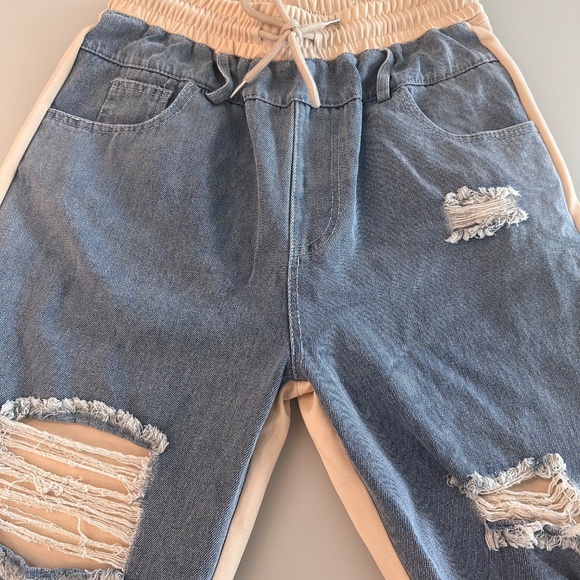 🔥Brand New Y2K Denim Patchwork Drawstring Distressed Jeans  Size S - Picture 10 of 11